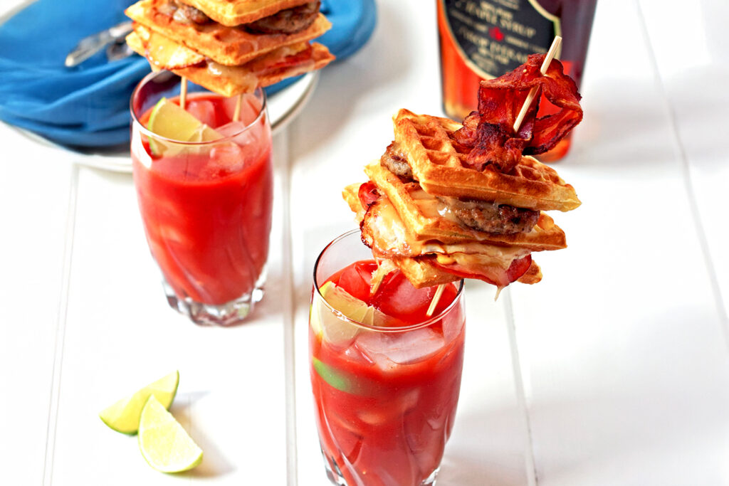 Bacon Bloody Mary with a Waffle Grilled Cheese, Jones Dairy Farm Dry Aged Bacon, Fun Bloody Mary Recipe