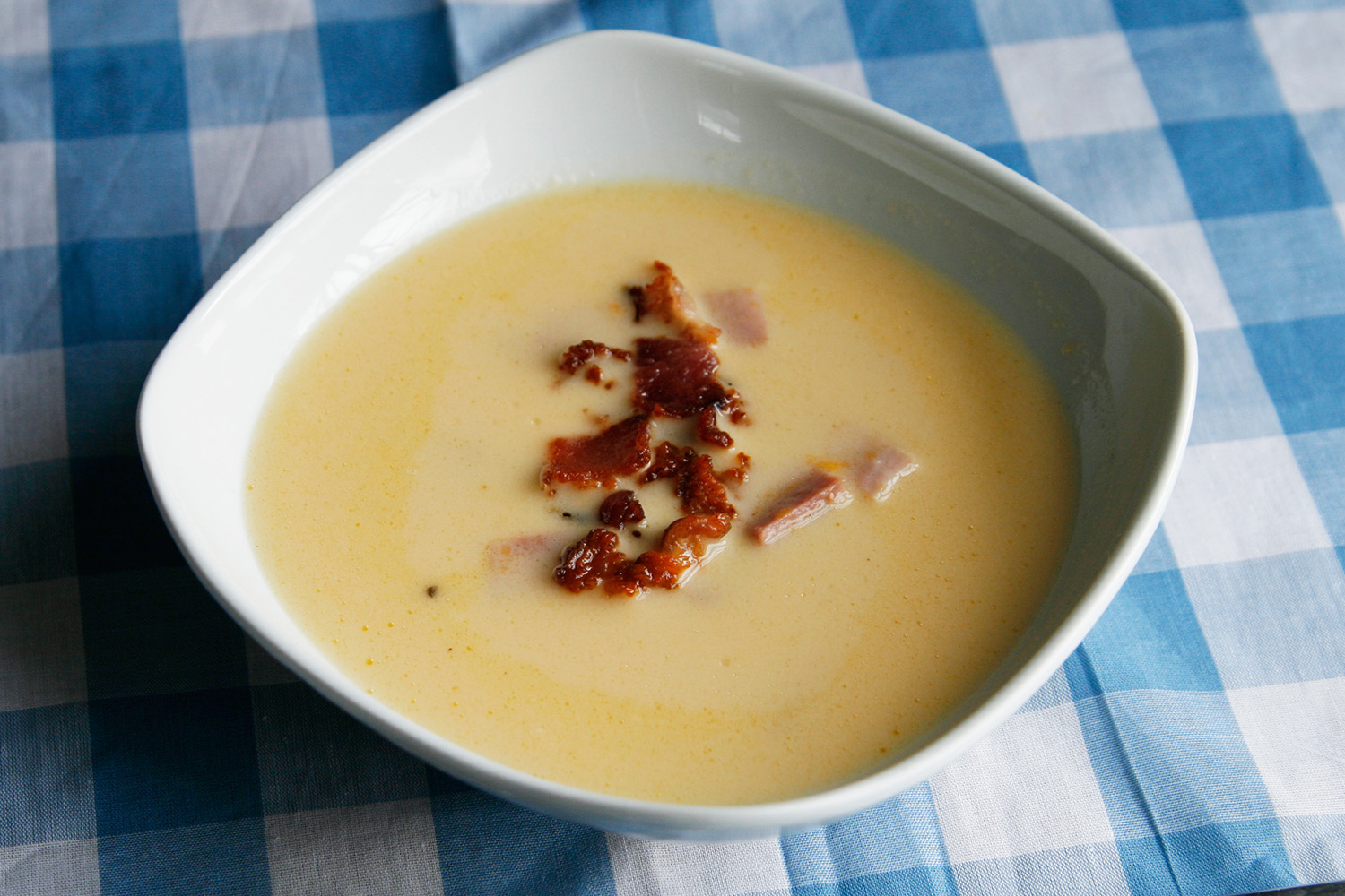Beer and Cheddar Soup with Smoked Ham