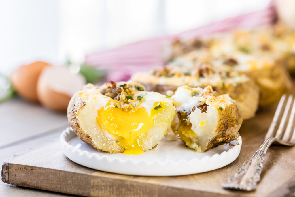 Breakfast Baked Potatoes, Breakfast for Dinner, Jones All Natural Sausage