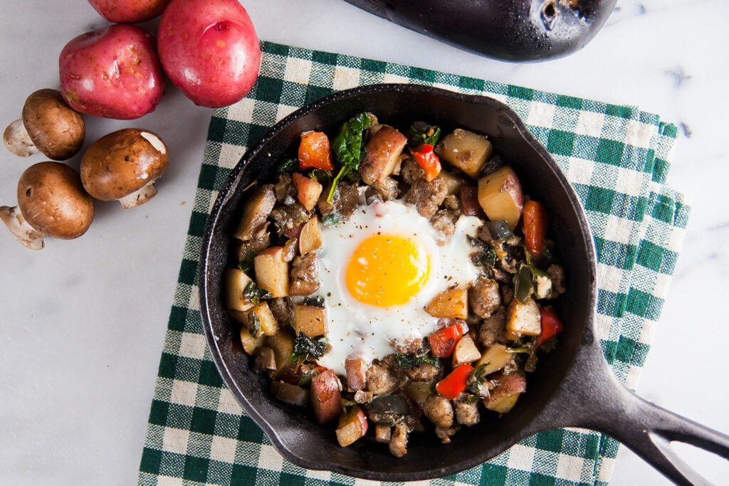 Farmers Market Hash with Baked Eggs, Jones Dairy Farm Sausage, Weekend Brunch Recipe, Summer Produce