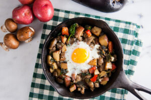 Farmers Market Hash with Baked Eggs, Jones Dairy Farm Sausage, Weekend Brunch Recipe, Summer Produce