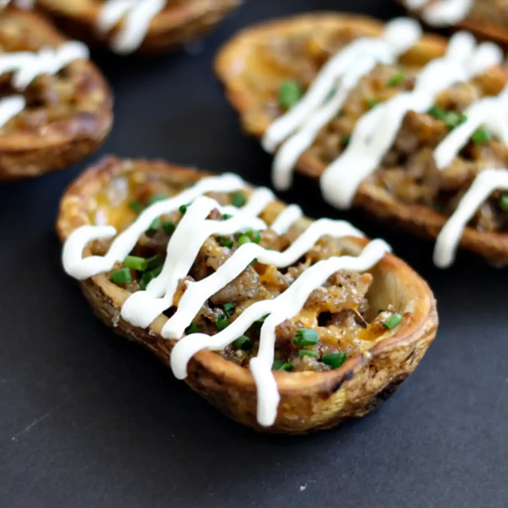 Sausage stuffed potato skin topped with crumbled Jones Dairy Farm sausage, melted cheddar, a sour cream drizzle, and diced chives on a dark surface.