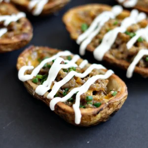 Sausage stuffed potato skin topped with crumbled Jones Dairy Farm sausage, melted cheddar, a sour cream drizzle, and diced chives on a dark surface.
