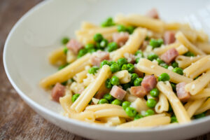 Pasta Carbonara with Ham and Sweet Peas