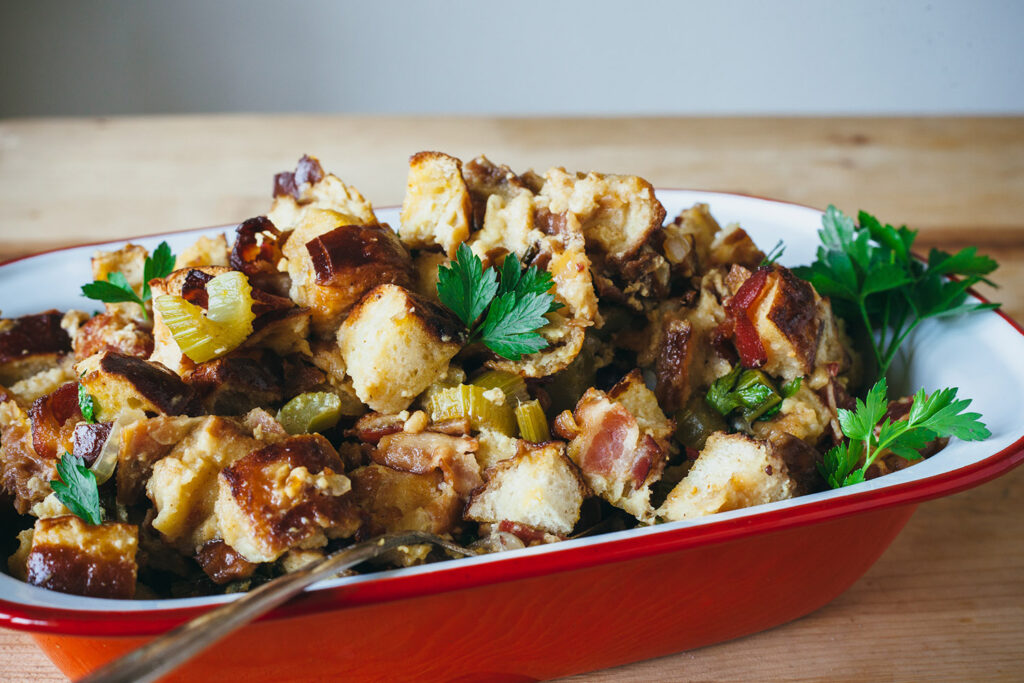 Soft Pretzel and Bacon Stuffing with Mustard and Beer
