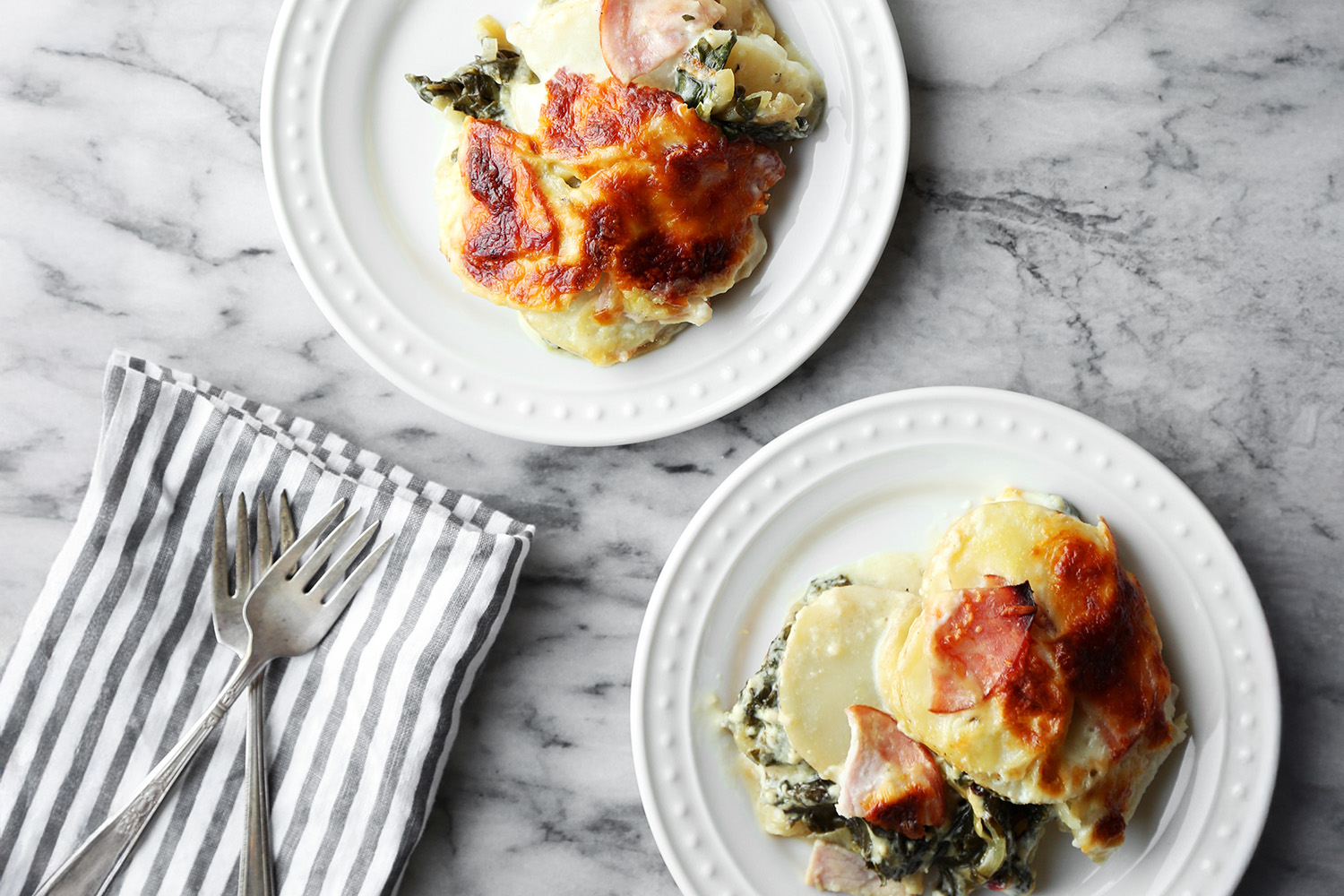 Swiss Chard and Canadian Bacon Potatoes Au Gratin, Perfect for Holiday Tables and Family Dinners
