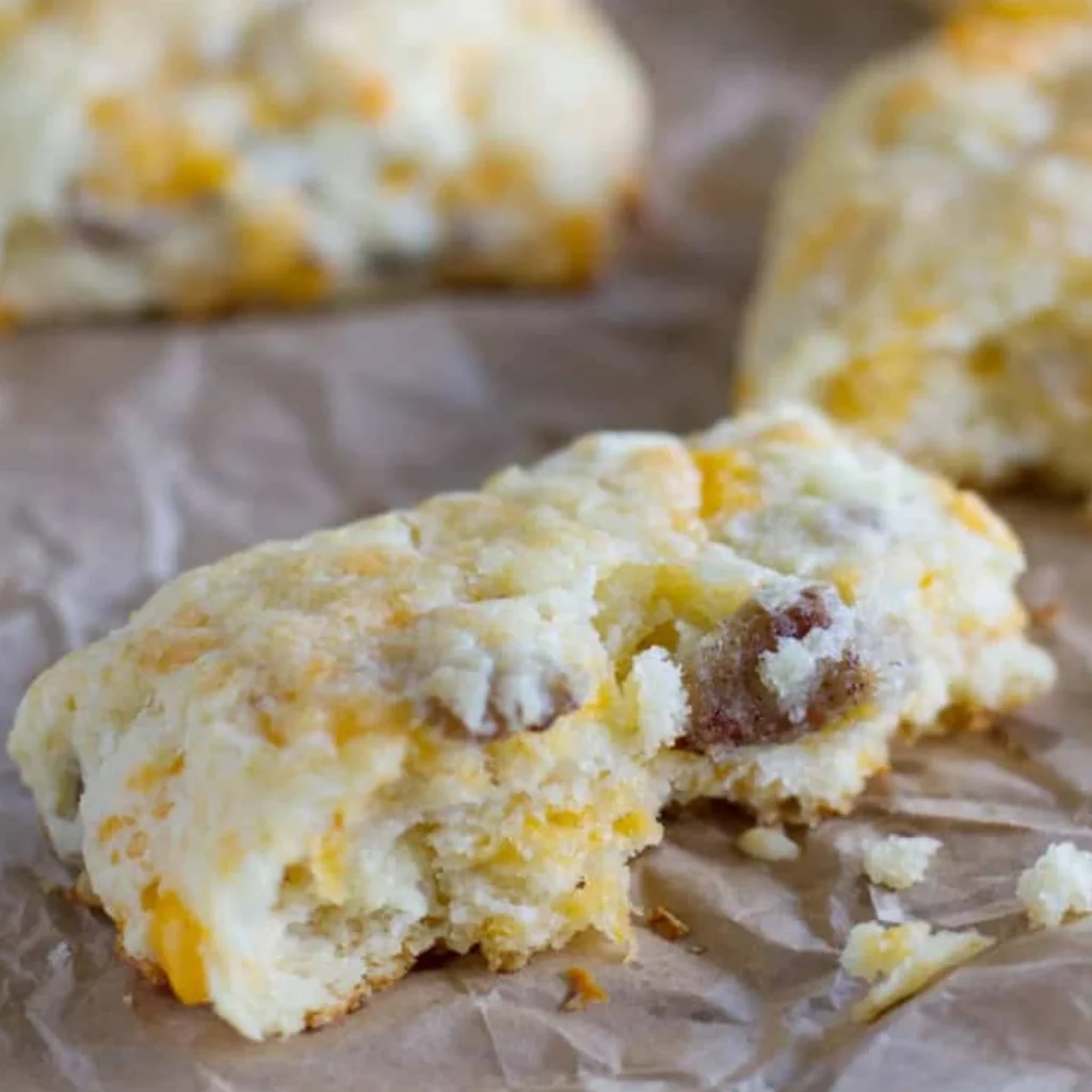 A bitten breakfast sausage and cheese biscuit showing Jones Golden Brown maple sausage and sharp cheddar baked into the tender from-scratch dough, on parchment paper with additional biscuits in the background.