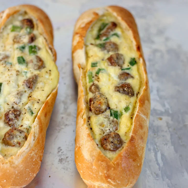 12:40 PMClaude responded: Two breakfast sausage egg boats made from hollowed sourdough baguettes filled with baked eggs, Jones Dairy Farm Golden Brown All Natural Pork Sausage Links, me…Two breakfast sausage egg boats made from hollowed sourdough baguettes filled with baked eggs, Jones Dairy Farm Golden Brown All Natural Pork Sausage Links, melted pepper jack cheese, and sliced green onions.