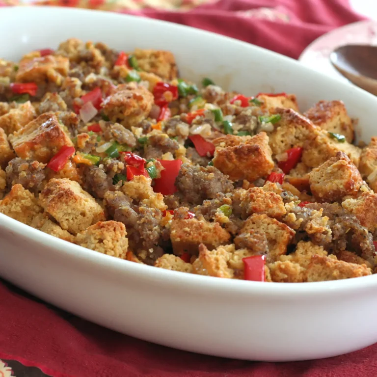 2:08 PMClaude responded: A white oval baking dish of cheddar beer bread and sausage stuffing with toasted almond flour bread cubes, crumbled Jones All Natural Pork Sausage Roll, diced …A white oval baking dish of cheddar beer bread and sausage stuffing with toasted almond flour bread cubes, crumbled Jones All Natural Pork Sausage Roll, diced red pepper, jalapeño, and onion, served on a red cloth.