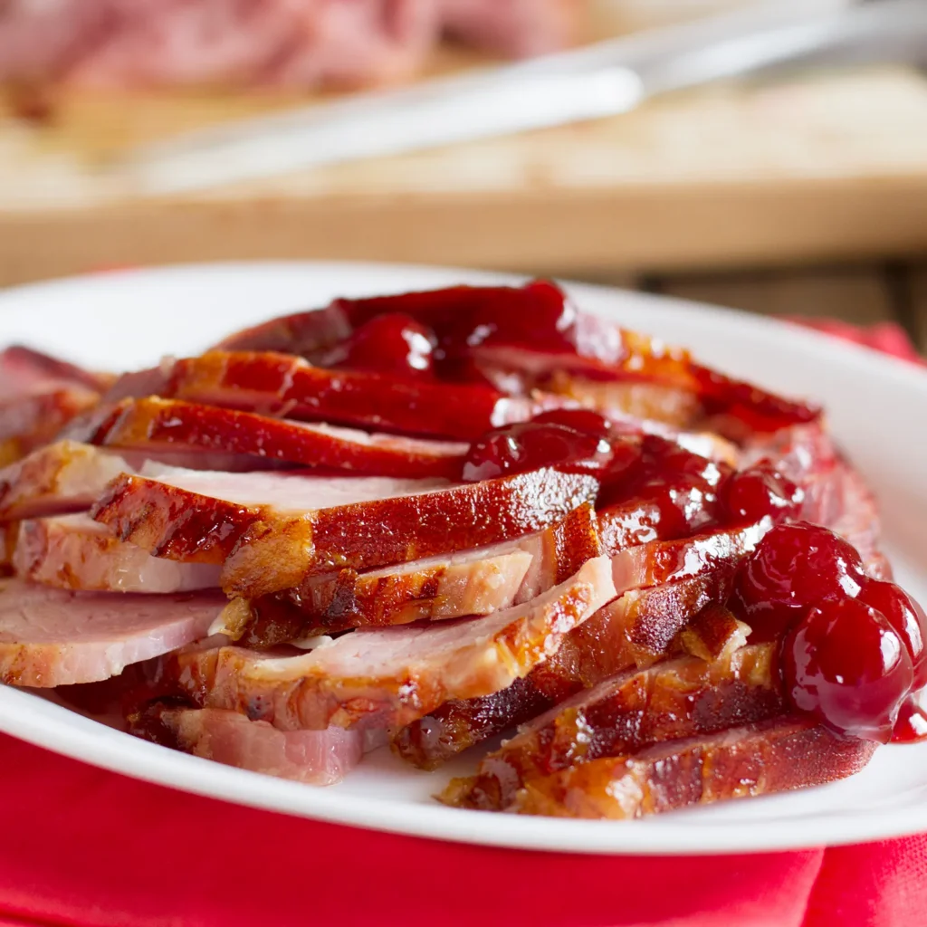 Sliced Jones Hickory Smoked Old Fashioned Ham on a white oval platter topped with a glossy cherry and brown sugar glaze with whole cherries, served on a red cloth with a cutting board in the background.