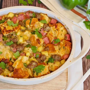 A white oval baking dish filled with Hawaiian sweet bread stuffing loaded with Jones pork sausage, cubed Jones ham, pineapple, green pepper, and fresh cilantro, served on a wood surface with a green pepper in the background.