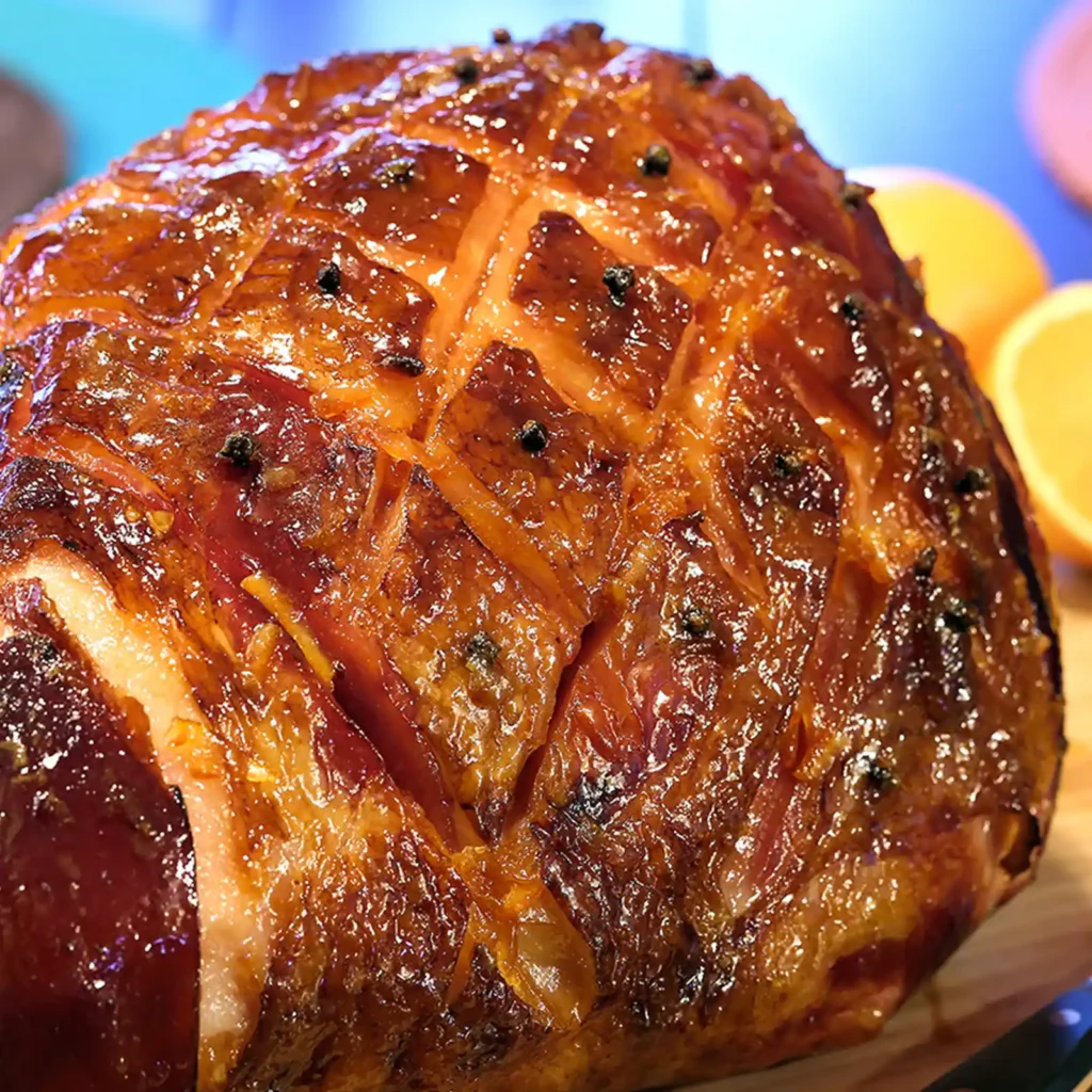 A close-up of a Jones Hickory Smoked bone-in ham with a deeply caramelized orange honey glaze, scored in a diamond pattern and studded with whole cloves, with fresh orange halves in the background.