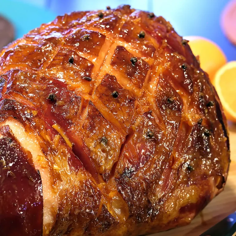 A close-up of a Jones Hickory Smoked bone-in ham with a deeply caramelized orange honey glaze, scored in a diamond pattern and studded with whole cloves, with fresh orange halves in the background.
