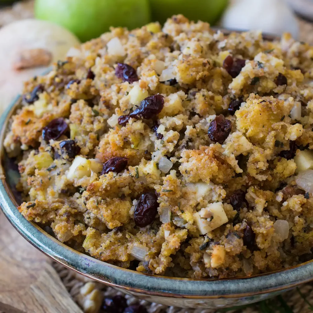 A ceramic bowl of scrapple cornbread stuffing with homemade cornbread, Jones Scrapple, diced Granny Smith apple, dried cranberries, and fresh herbs, with green apples and walnuts in the background.