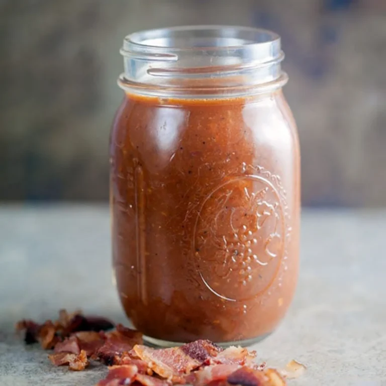 Glass mason jar filled with smoky tomato and bacon vinaigrette, garnished with crispy bacon pieces on a gray surface.