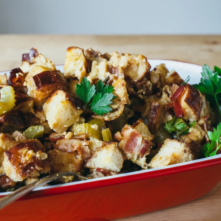 A red baking dish of soft pretzel and bacon stuffing with toasted pretzel bread cubes, crispy Jones Dry Aged Bacon, celery, onion, and fresh parsley, served on a wood surface.