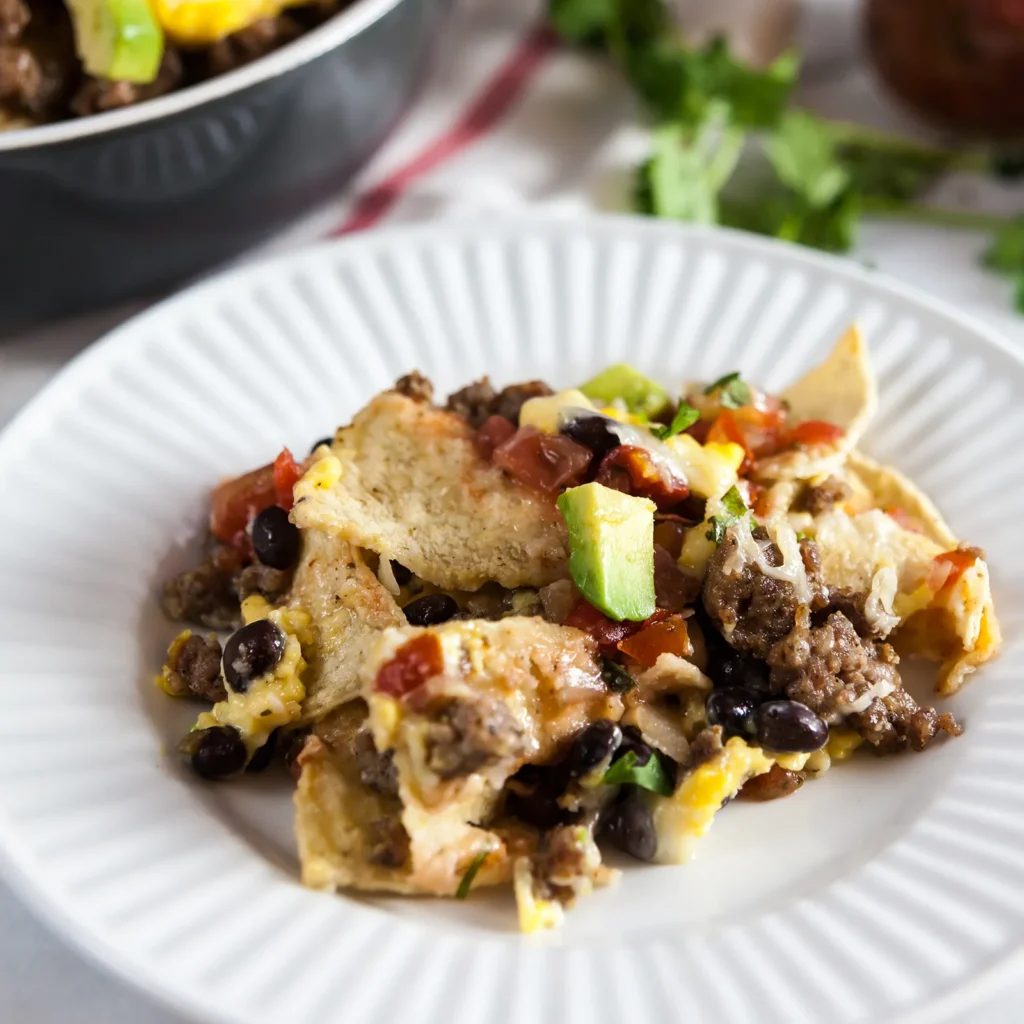 A plated serving of southwest breakfast nachos with tortilla chips, Jones pork sausage, scrambled eggs, black beans, salsa, diced avocado, and cilantro on a white ridged plate.