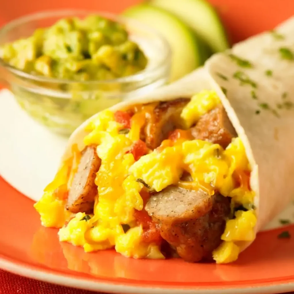 A southwest breakfast wrap filled with scrambled eggs, Jones pork sausage links, salsa, and shredded cheddar cheese in a flour tortilla, served on an orange plate with guacamole and avocado in the background.
