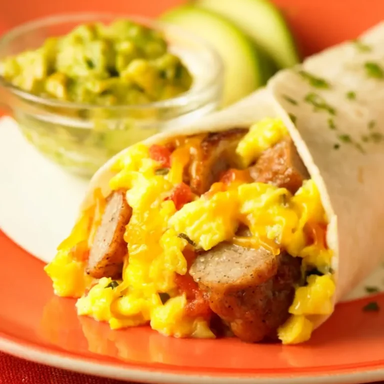 A southwest breakfast wrap filled with scrambled eggs, Jones pork sausage links, salsa, and shredded cheddar cheese in a flour tortilla, served on an orange plate with guacamole and avocado in the background.