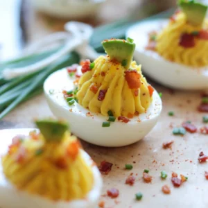 Spicy deviled eggs piped with a sriracha and Dijon yolk filling, topped with crumbled Jones Dry Aged Bacon, diced avocado, fresh chives, and cayenne pepper, arranged on a wood cutting board.