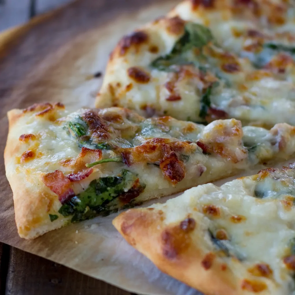 Slices of spinach bacon ranch pizza with melted mozzarella, crispy Jones Dry Aged Bacon, and fresh spinach on a golden baked crust, served on parchment paper on a wood surface.