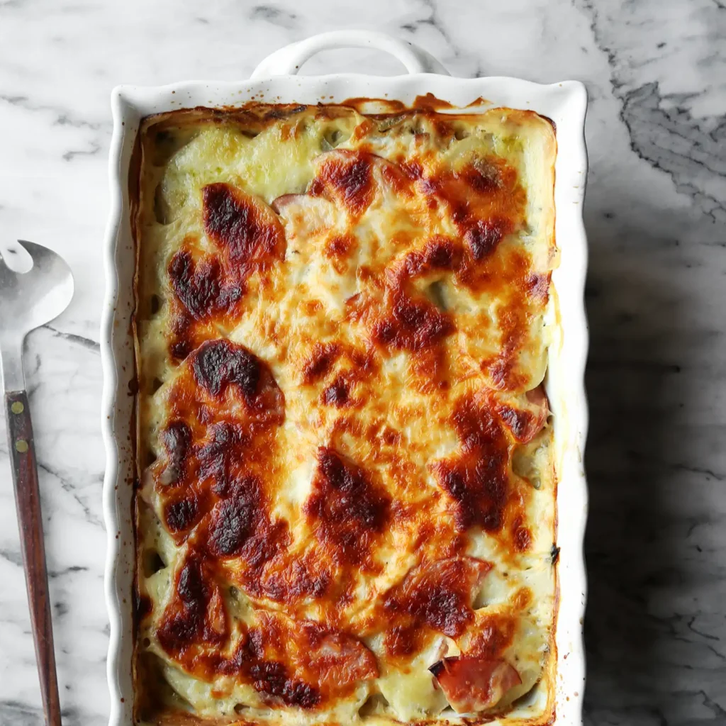 Creamy potatoes au gratin layered with Swiss chard and Canadian bacon, topped with golden brown melted cheese in a large white baking dish.