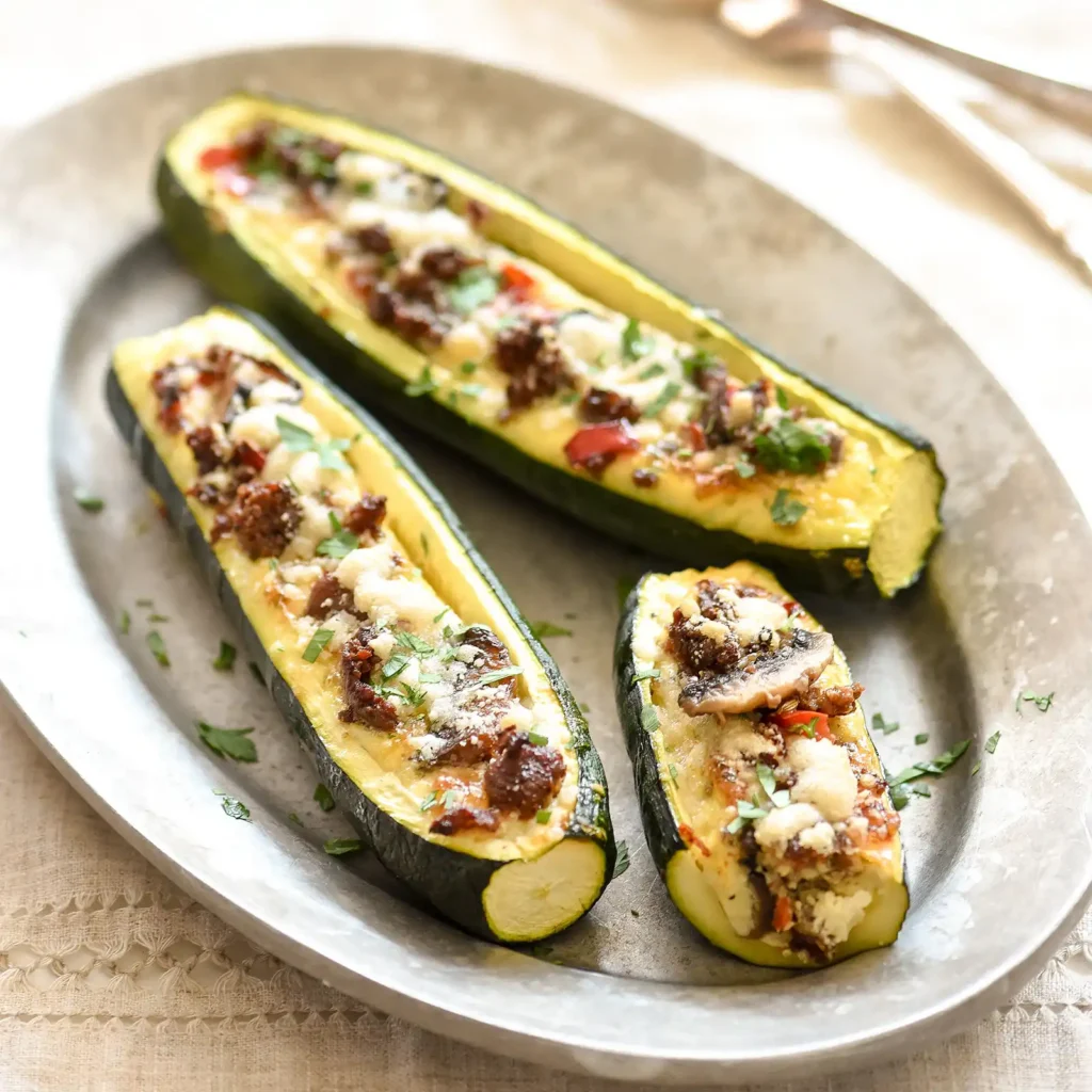 Three baked zucchini boats on an oval pewter platter, filled with crumbled sausage, red bell pepper, sliced mushroom, melted parmesan, and chopped fresh parsley
