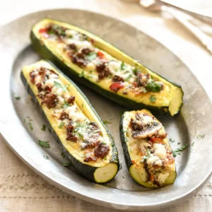 Three baked zucchini boats on an oval pewter platter, filled with crumbled sausage, red bell pepper, sliced mushroom, melted parmesan, and chopped fresh parsley