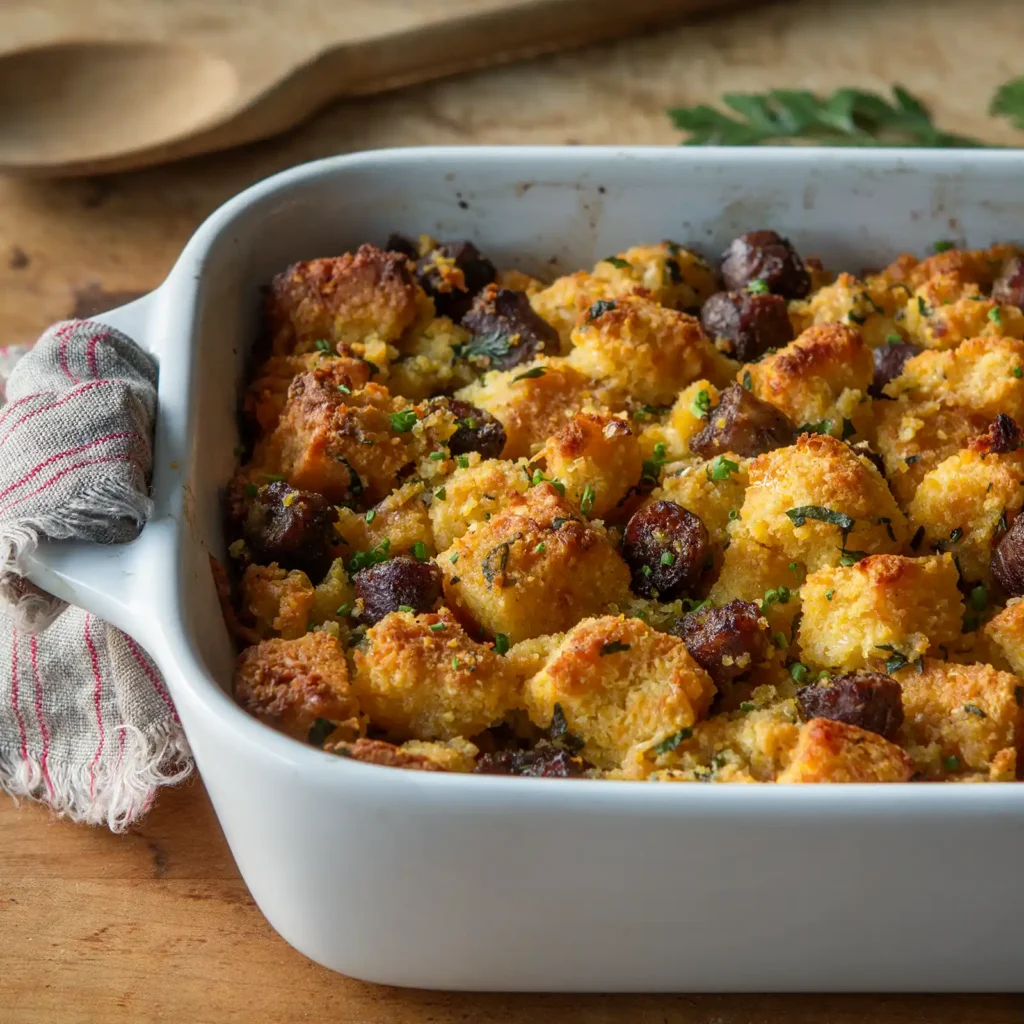 A white baking dish of jalapeño sausage and cornbread stuffing, golden and crispy on top with caramelized sausage pieces and fresh herb garnish, on a wooden surface with a linen cloth and wooden spoons in the background.