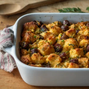 A white baking dish of jalapeño sausage and cornbread stuffing, golden and crispy on top with caramelized sausage pieces and fresh herb garnish, on a wooden surface with a linen cloth and wooden spoons in the background.