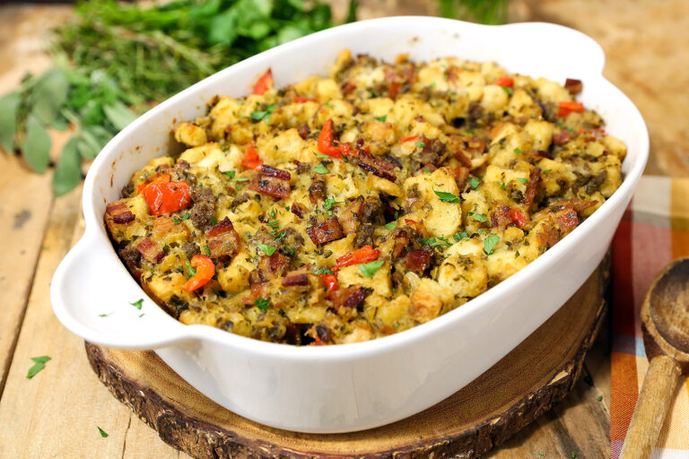 Traditional Herb Stuffing with Bacon and Sausage, Classic Stuffing Recipe, Holiday Stuffing Recipe