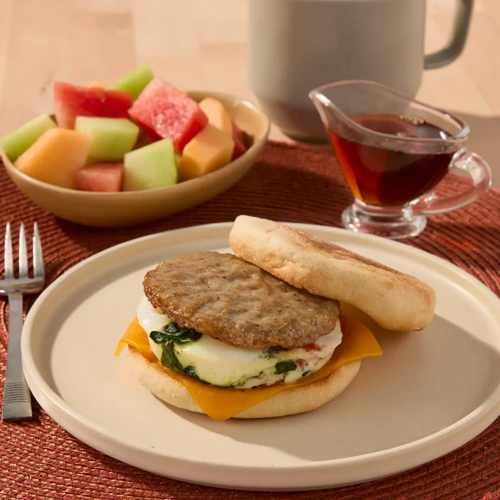 A breakfast sausage sandwich with egg, spinach, and cheddar cheese on a toasted English muffin, served on a plate with a bowl of melon and watermelon chunks, a small pitcher of syrup, and a mug of coffee in the background.