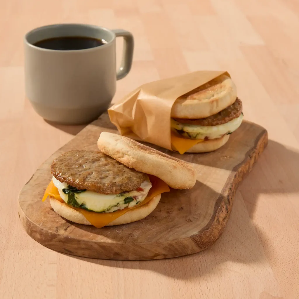 Two make-ahead breakfast sausage sandwiches on toasted English muffins with egg, spinach, and cheddar cheese, arranged on a wooden board with a mug of black coffee for meal prep, one sandwich wrapped in parchment paper for grab-and-go storage.