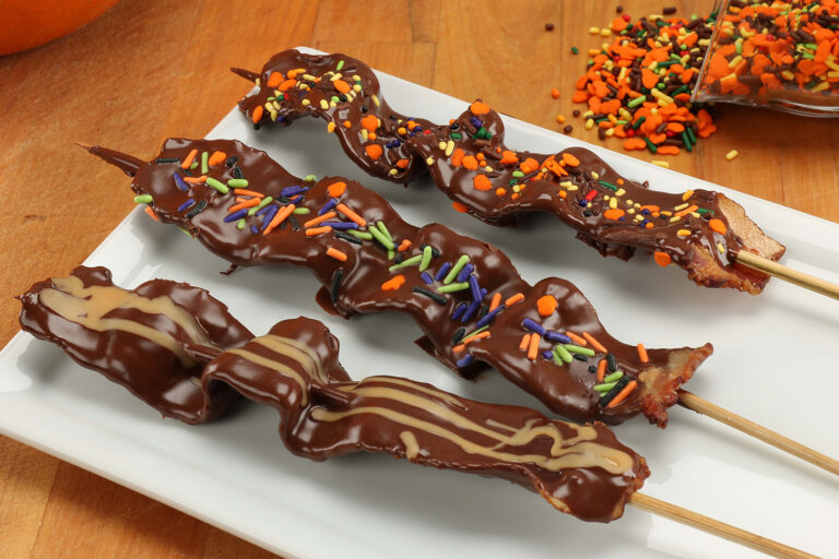Chocolate Covered Bacon Skewers, Bacon on a Stick, Jones Dairy Farm Dry Aged Bacon