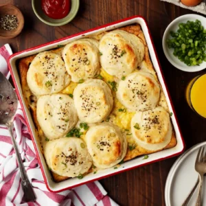 Overhead view of a baked biscuits and gravy casserole in a red square baking dish, topped with nine golden brown biscuits, black pepper, and sliced scallions, with a bowl of scallions, orange juice, and a serving spatula nearby