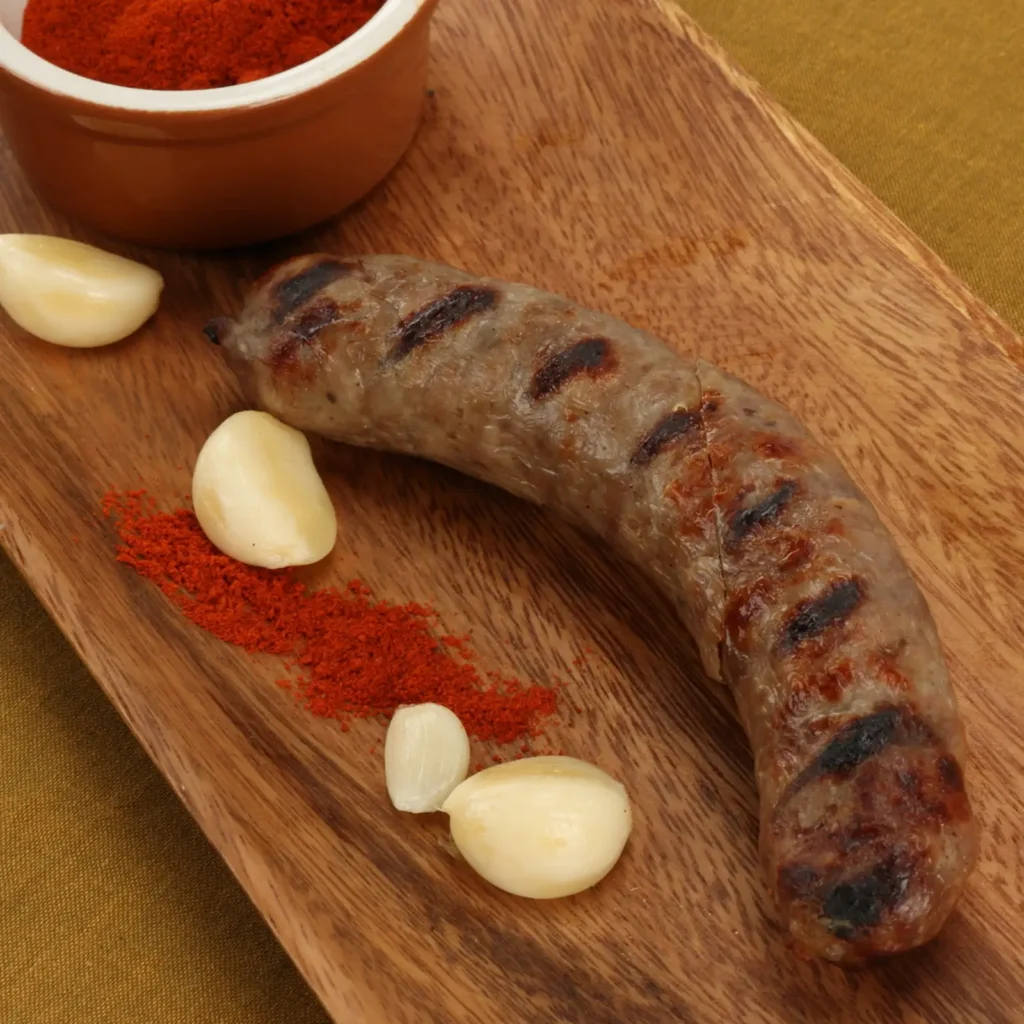 A grilled homemade venison and Jones Dry Aged Bacon sausage link on a wooden board, garnished with fresh garlic cloves and paprika.