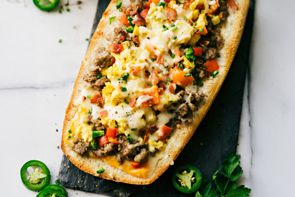 Sausage-Stuffed French Bread Boats, Hearty Breakfast Bread Boats with Sausage and Peppers