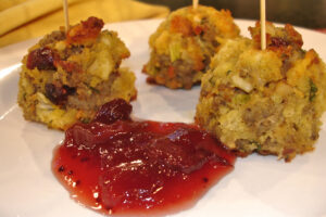 Sausage Stuffing Bites with Cranberry Dipping Sauce, Jones Dairy Farm All Natural Sausage, Jones Stuffing Recipes, Thanksgiving Stuffing Recipe