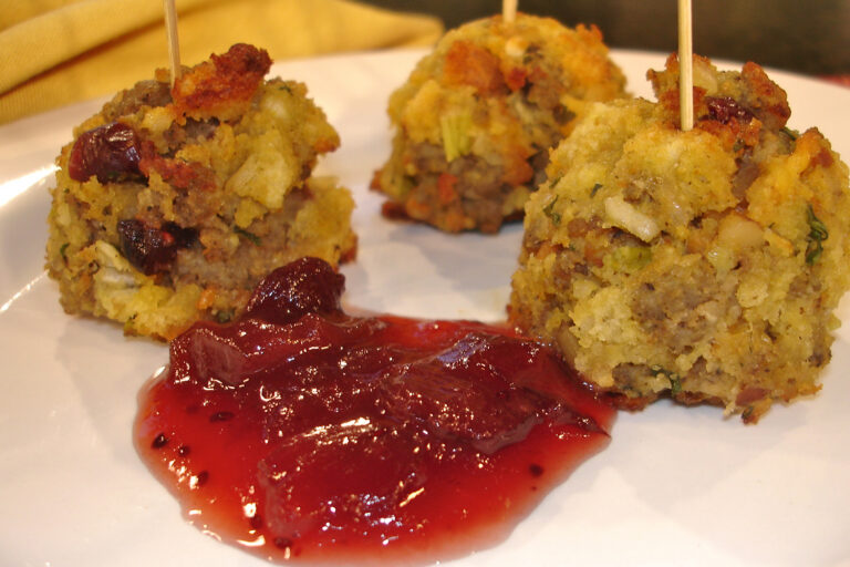 Sausage Stuffing Bites with Cranberry Dipping Sauce, Jones Dairy Farm All Natural Sausage, Jones Stuffing Recipes, Thanksgiving Stuffing Recipe