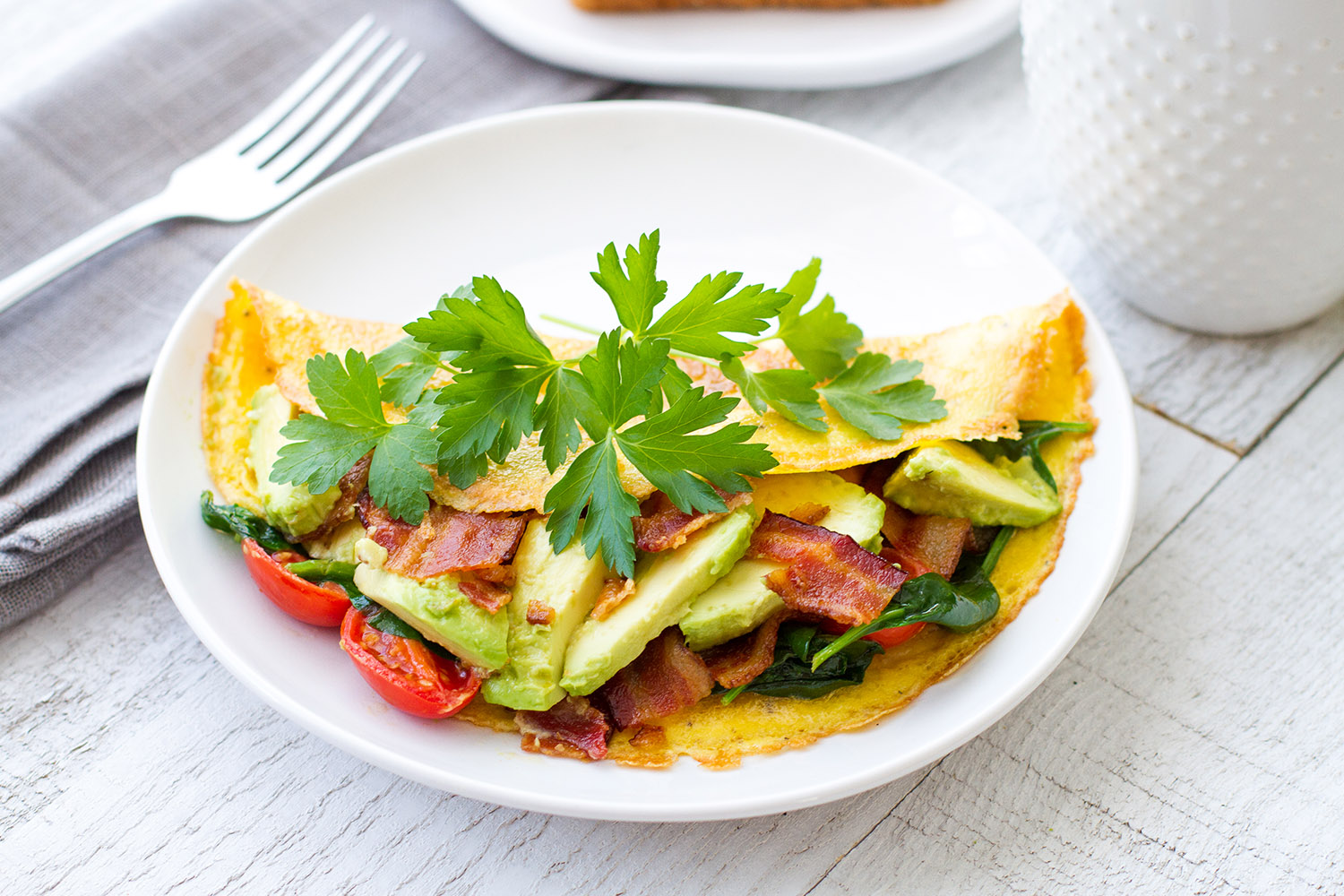 Avocado BLT Omelet, Dry Aged Bacon, Jones Bacon BLT Omelet