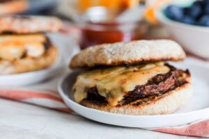 Jones Dairy Farm chicken sausage patty with melted pepper jack cheese on a toasted English muffin