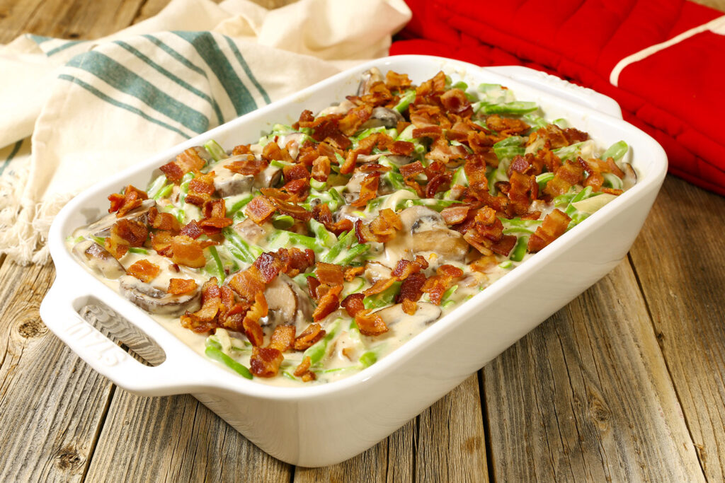 Cheesy Bacon Green Bean Casserole, Thanksgiving Recipes, From-Scratch Holiday Green Bean Casserole with Bacon