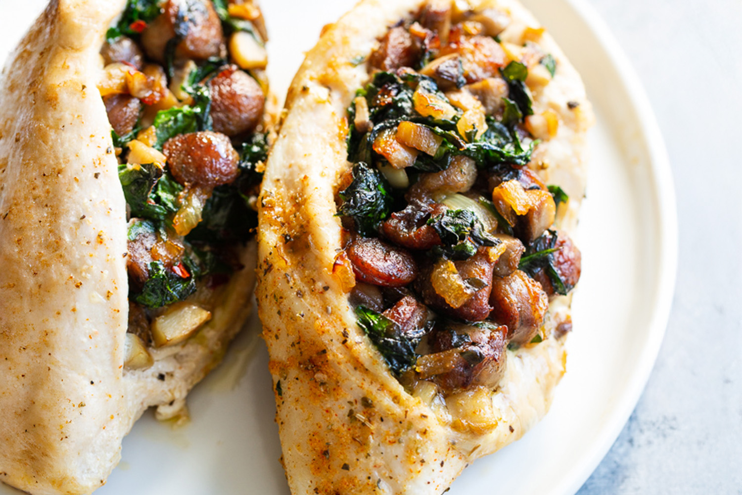 Sausage, Mushroom and Spinach Stuffed Chicken