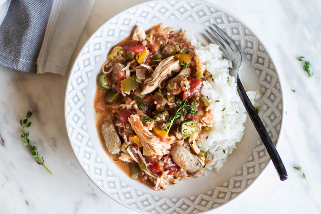 Slow Cooker Chicken and Sausage Gumbo, Easy Crockpot Dinner Recipe, Jones Dairy Farm All Natural Sausage