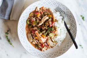Slow Cooker Chicken and Sausage Gumbo, Easy Crockpot Dinner Recipe, Jones Dairy Farm All Natural Sausage