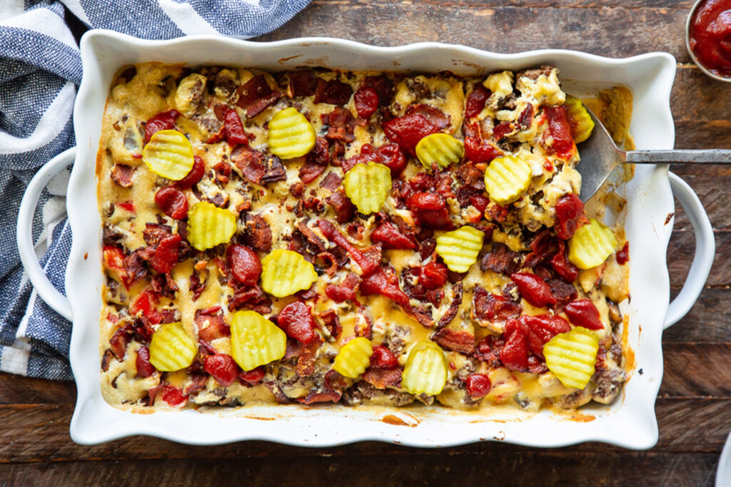 Bacon Cheeseburger Casserole, Gluten-Free, Low-Carb, and Loaded with Bacon and Cheese