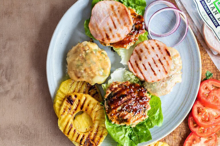 Hawaiian Teriyaki Chicken Burgers, Flavor-Packed Chicken Burgers with Canadian Bacon