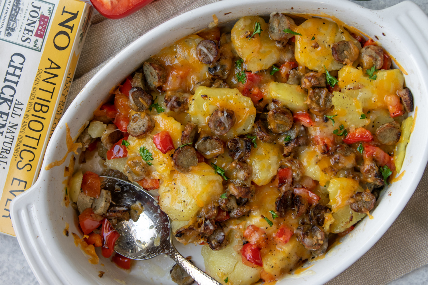 Cheesy Potato and Sausage Casserole, Jones Dairy Farm All Natural Chicken Sausage, Jones Sausage Links
