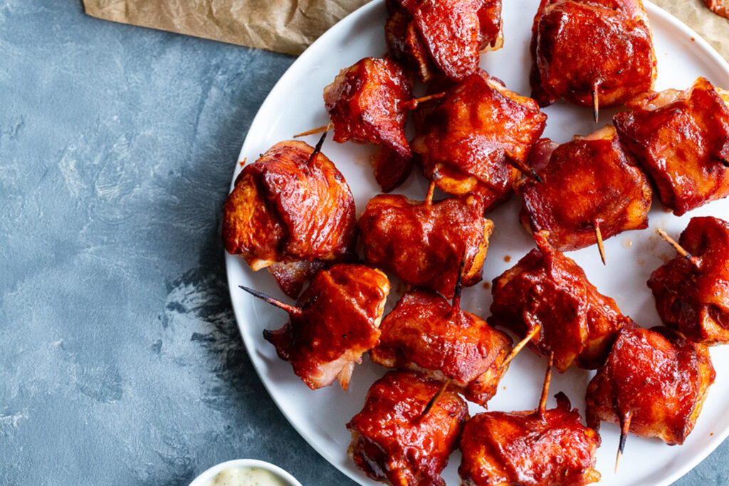 Bacon Wrapped BBQ Chicken Bites, Jones Dry Aged Bacon Appetizer