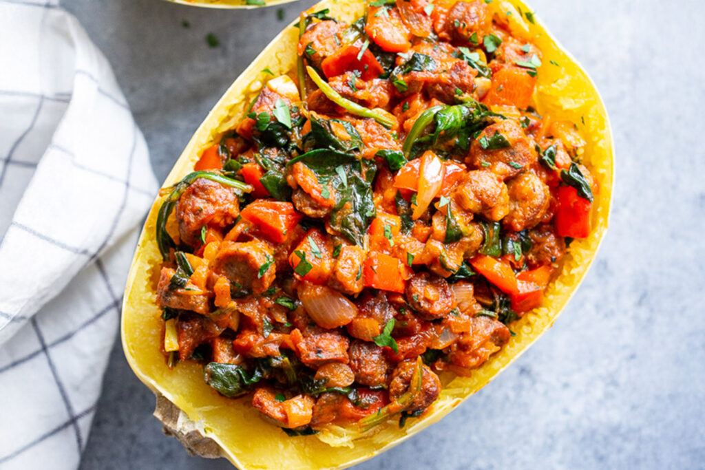 Turkey Sausage Spaghetti Squash Boats, Low-Carb, High-Flavor Weeknight Dinner